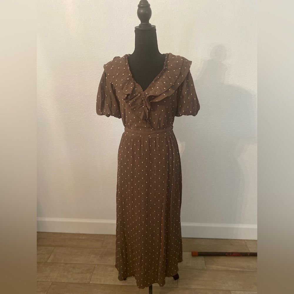 Women’s Dress Taupe Color with tiny beige dot pattern and ruffled around neck